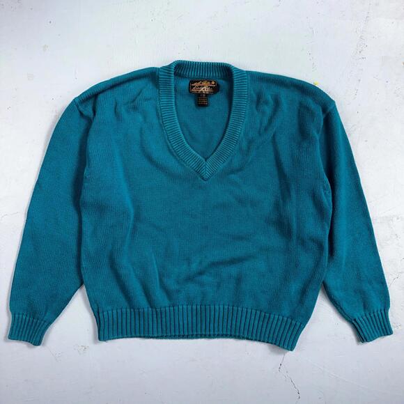 Vintage Eddie Bauer Sweater Mens Large Teal V Neck Pullover Cotton